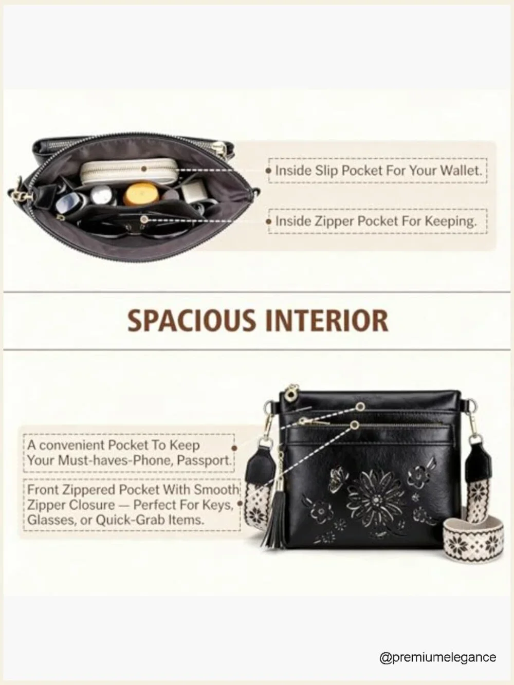 Crossbody Bag with Sunflower Cut-Out, Multi Pocket Faux Leather Hobo